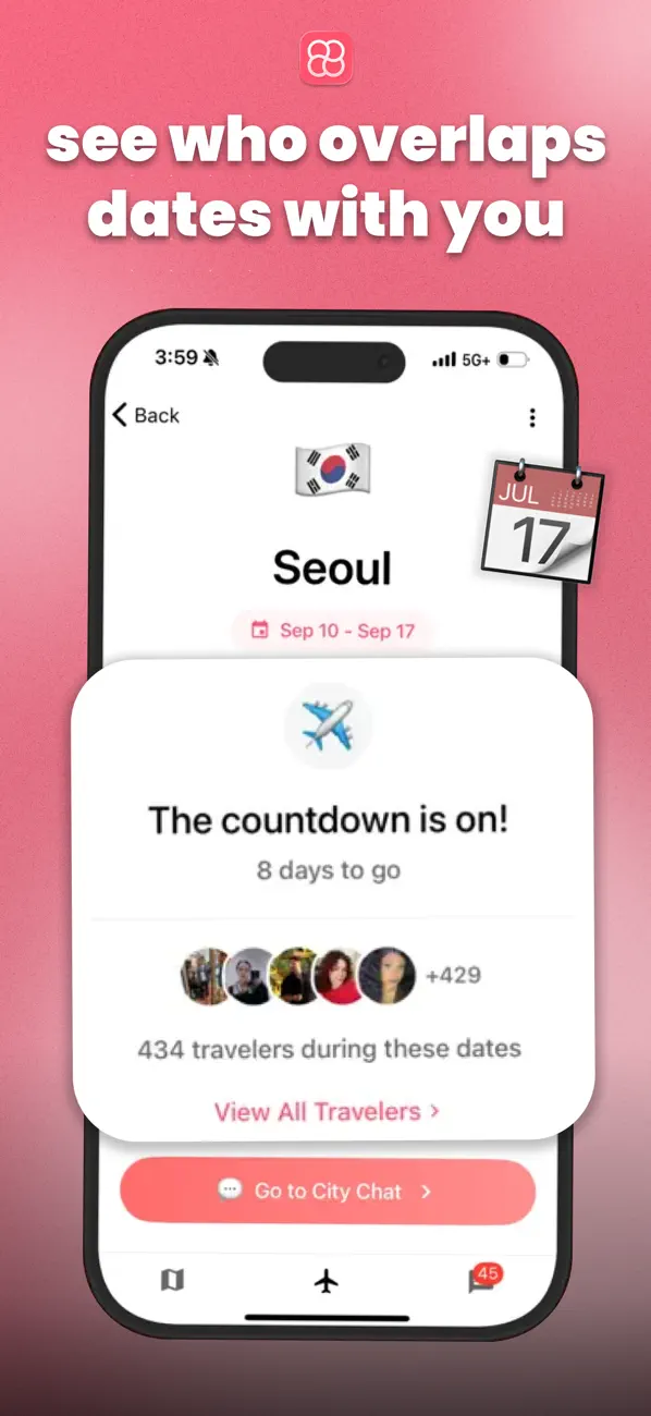 次の目的地で日程が重なる旅行者を確認するnomadtableのApp Storeスクリーンショット