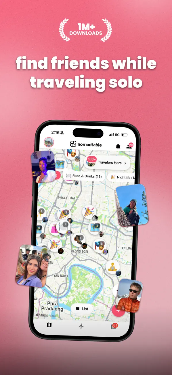 近くの旅行者を見つけるnomadtableのApp Storeスクリーンショット